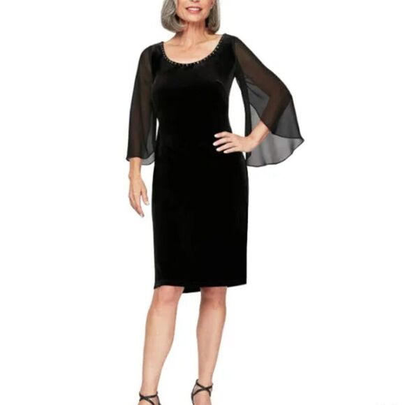 Alex Evenings Women's Short Three Quarter Sleeve Velvet Dress Size 24W Black NWT - Picture 1 of 8